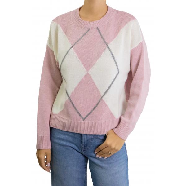 Maglione con rombi bicolore girocollo misto cashmere